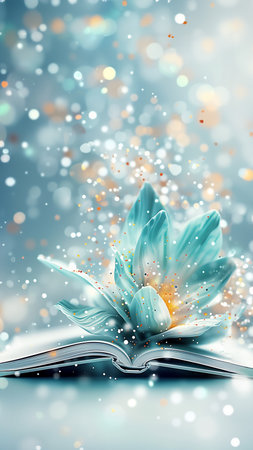 Emerging from the pages of an open book is a delicate blue flower, adding a touch of natures beauty to the words within, copy spaceの素材