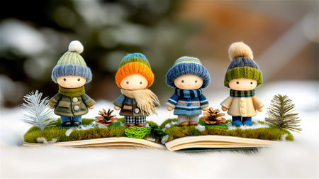 Four colorful dolls are perched on top of an open book resting on soft white snow, creating a whimsical winter scene outsideの素材