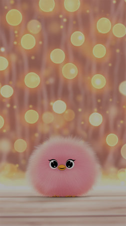 A cute pink fluffy chick with big eyes on a sparkling backdrop, perfect for cheerful designs and themes, copy spaceの素材