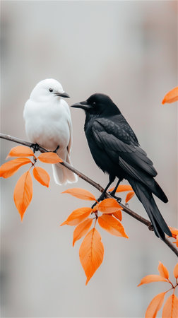 Two birds, one white and one black, stare at each other while sitting on a branch with orange leaves against a gray background. The birds resemble crows.の素材