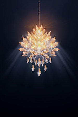 Illustration of a large crystal chandelier burning brightly on a black background, the rays of light create solemnity. Copy space.の素材