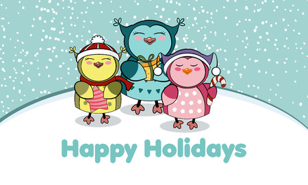 Christmas card with owls. Vector illustration. Winter landscape with funny owls . Merry Christmas and a Happy New-Year's greeting sweet postcard.のイラスト素材