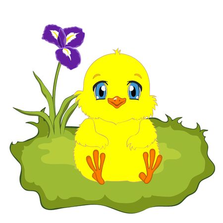 Cute yellow cartoon baby chicken on spring background. Chick sitting on the green grass.のイラスト素材
