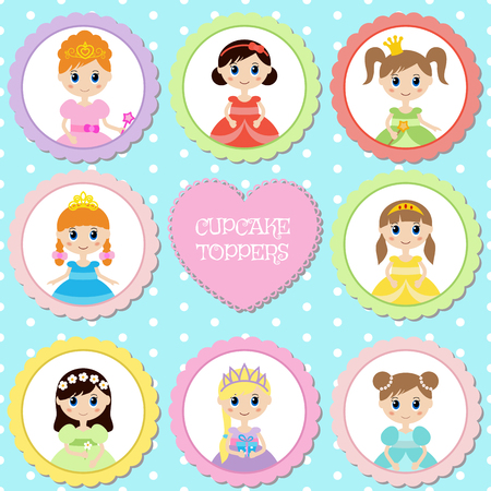 Set of tags with princess theme. Cupcake toppers for Birthday.のイラスト素材