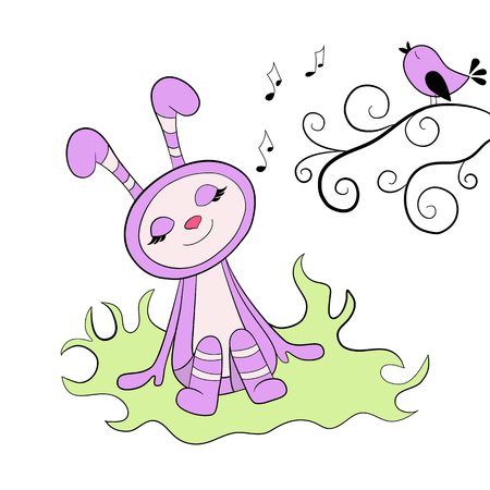 Cartoon happy rabbit. Rabbit listening to the bird's singing.のイラスト素材