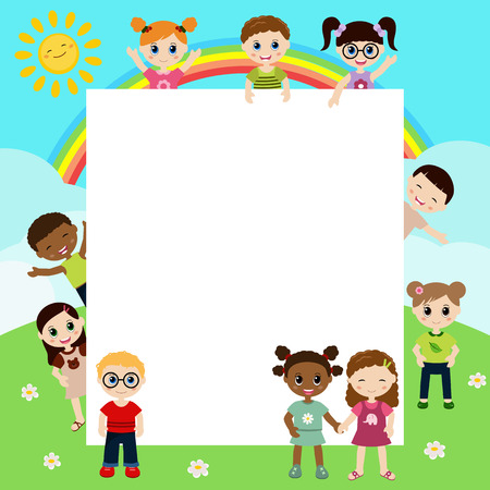 Group of happy children with  large sheet of paperのイラスト素材
