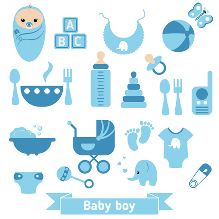 Baby boy icons set. Childbirth and motherhood.のイラスト素材