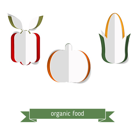 Abstract vector background with paper pepper, pumpkin, corn. Organic food concept.のイラスト素材