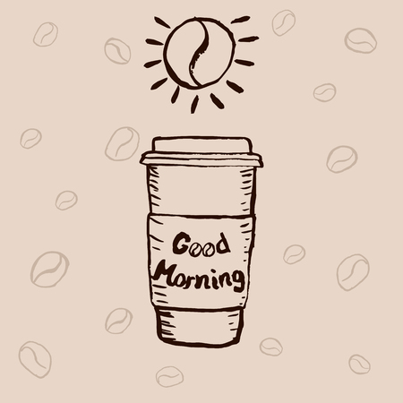 Hand drawn illustration with paper coffee cup and lettering. Good morning.のイラスト素材