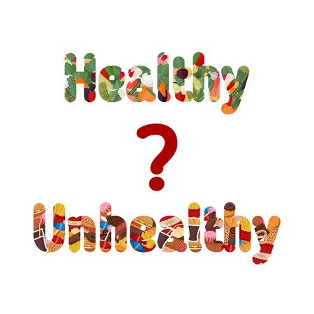 Healthy and unhealthy lifestyle concept. Letters with icons of healthy foods and unhealthy foods.のイラスト素材