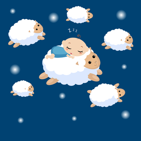 Vector illustration of a baby sleeping on the lamb. Sheep running across the sky.のイラスト素材