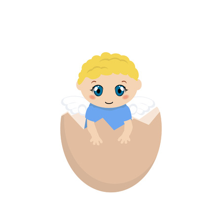 Illustration of a cracked hen's egg with baby inside on a white background.のイラスト素材
