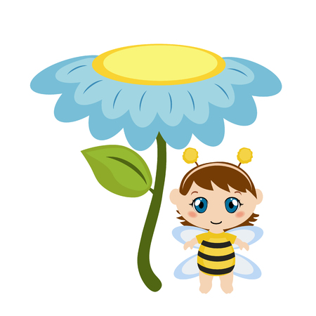 Baby dressed as bee. Background with flower.のイラスト素材