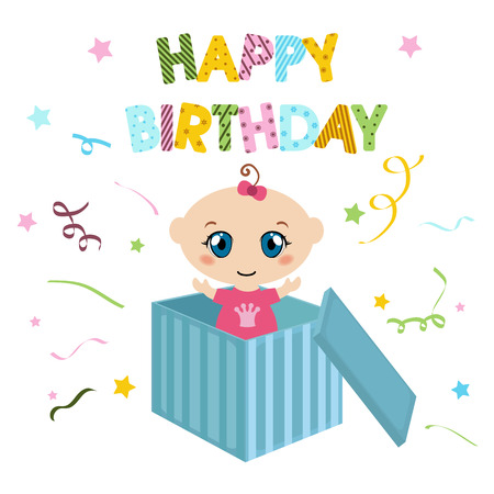 Adorable baby sitting in a blue box. Birthday card.のイラスト素材