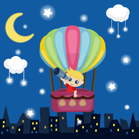 Little boy flying in a hot air balloon. Night background.のイラスト素材