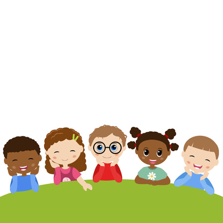 Vector illustrations of children lying on grass in parkのイラスト素材