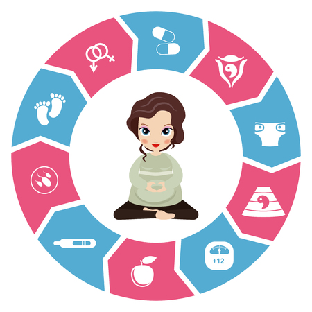 Pregnancy and newborn baby icons set. Childbirth and motherhood. Pregnancy and birth infographics. Medicine and pregnancy vector icons set.のイラスト素材
