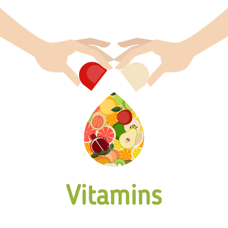 Medical capsule with fruit. Hands holding an open capsule. Benefit of vitamin concept.のイラスト素材