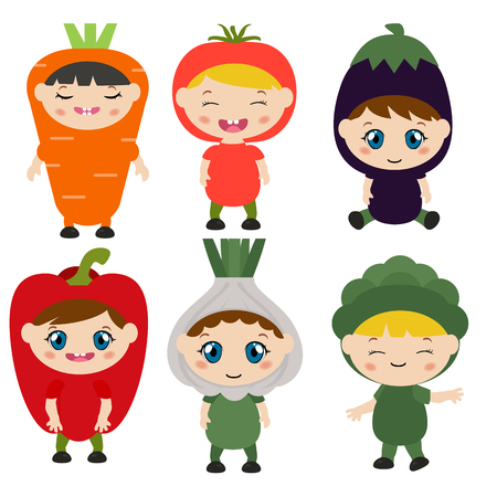 Set of cute children dressed like vegetables. Kids wearing vegetables costumes isolated on white background.のイラスト素材