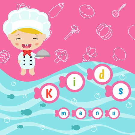 Kids menu card with little cartoon child chef.のイラスト素材