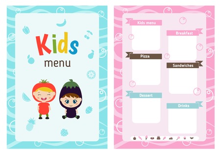 Kids menu card with little cartoon children. Cute colorful kids meal restaurant menu template.のイラスト素材