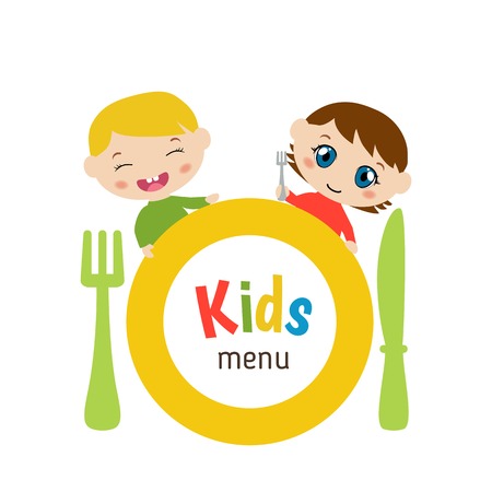 Kids menu card with plate and children. White background.のイラスト素材