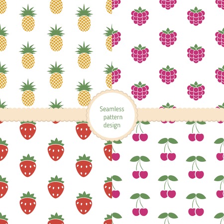 Set of seamless colorful food pattern. Collection of seamless backgrounds with cherry, pineapple, raspberry, strawberryのイラスト素材