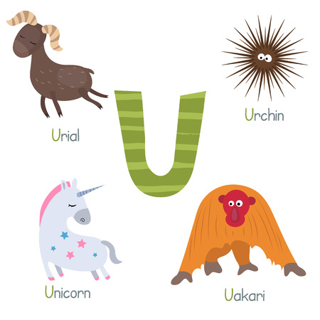 Cute vector zoo alphabet. Funny cartoon animals: urial, urchin, unicorn, uakari.のイラスト素材