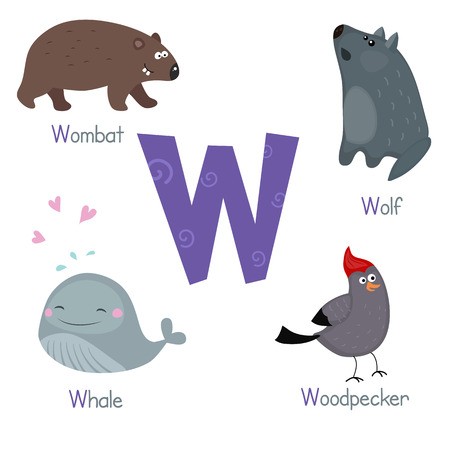 Cute vector zoo alphabet. Funny cartoon animals: wombat, wolf, whale, woodpecker.のイラスト素材