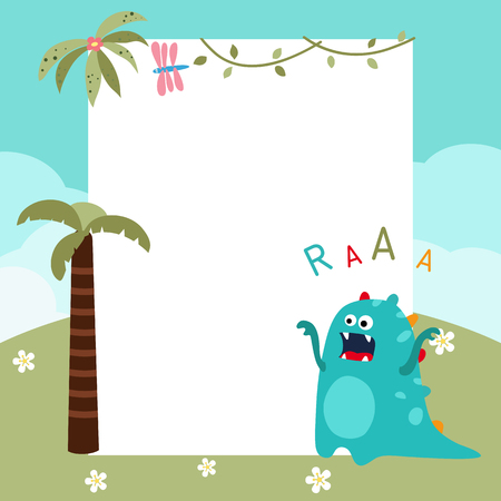 Frame with cartoon dinosaur. Funny card with empty space for textのイラスト素材