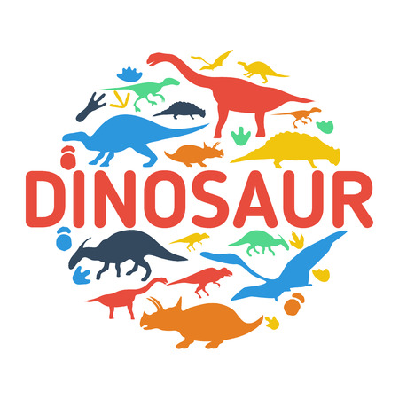 Dinosaurs symbols in shape of a circle. Collection of dinosaur silhouettes.のイラスト素材