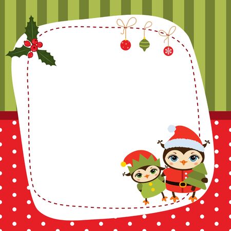 Christmas and new year greeting card with owls and space for your text. Background with stripes and polka dots.のイラスト素材