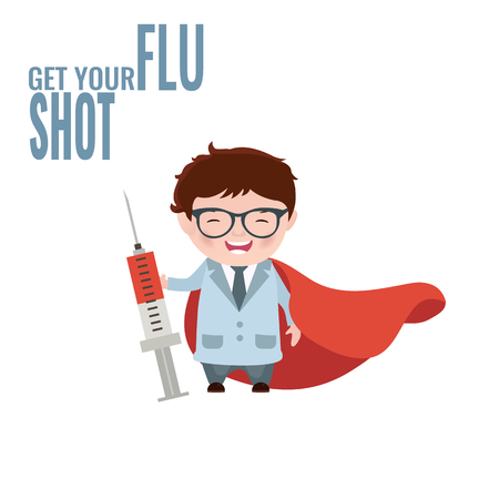 Get your flu shot. Vaccine sign. Health concept. Illustration of a doctor with a syringe in his hand.のイラスト素材