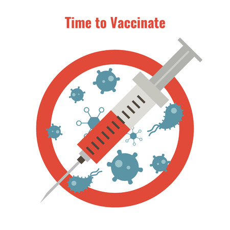 Vaccination and health concept. Illustration of a syringe and anti bacteria sign. Medical immunization, patient healthcare.のイラスト素材