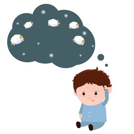 Sleepless man and a sheep. Insomnia concept. White background.のイラスト素材