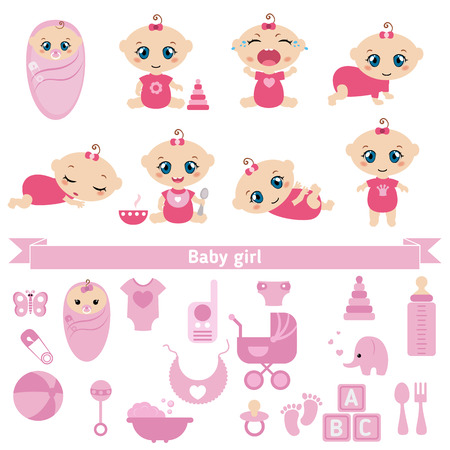 Set of cute baby girls and baby girl icons. 0-12 months. Various poses. First year activities.のイラスト素材