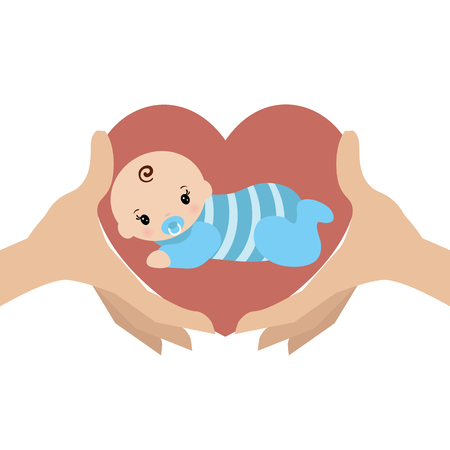 Mother's care sign. Symbol of parental love. Hands hold the babyのイラスト素材