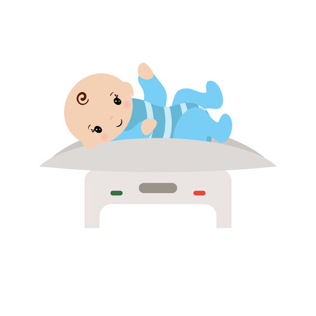 Baby toddler weighting on a scales. White background.のイラスト素材