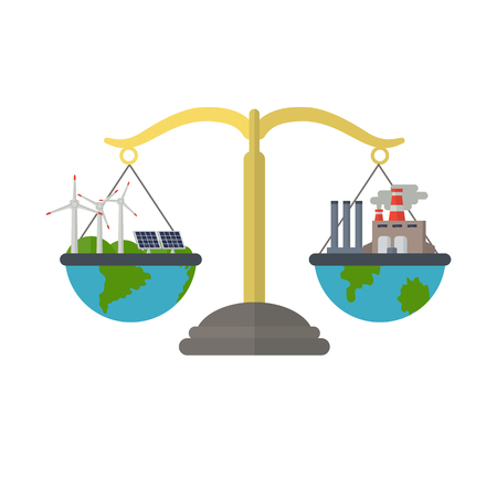 Ecology set. Illustration of a building power station and wind turbines and solar panels. Concept of alternative and renewable energy sources.のイラスト素材