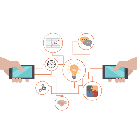 Smartphones with business icons. Mobile smartphone services and applications.のイラスト素材