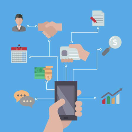 Smartphones with business icons. Mobile smartphone services and applications.のイラスト素材