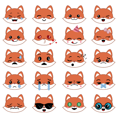 Set of cute fox emoticons. Smile icon set.のイラスト素材