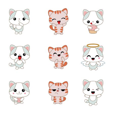 Different cartoon cats set. Anime style. Collection of cute characters.のイラスト素材