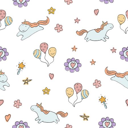 Vector seamless pattern with cute unicorn and balloons.のイラスト素材