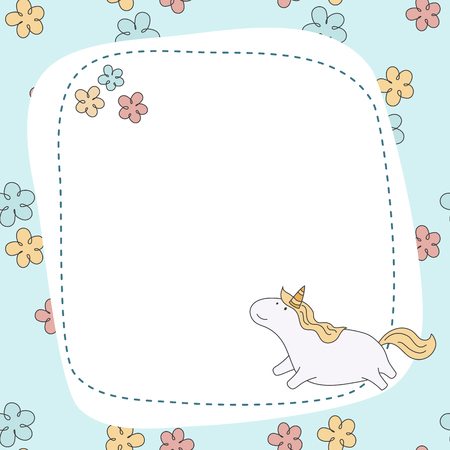 Design template of cartoon unicorn. Seamless blue background with flowers.のイラスト素材