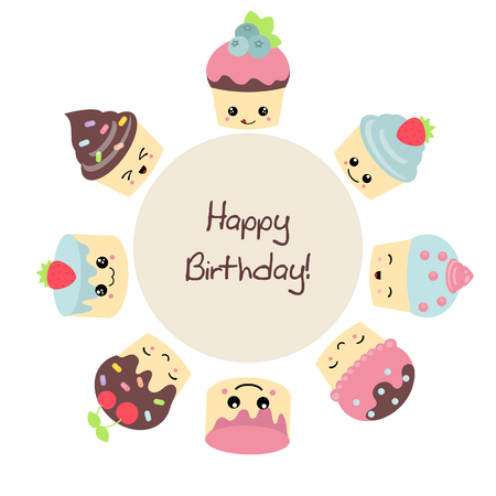 Birthday background with cute cakes. Design card.のイラスト素材
