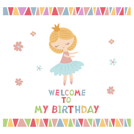 Cute princess girl. Greeting card with cartoon princess girl. Welcome to my Birthday.のイラスト素材