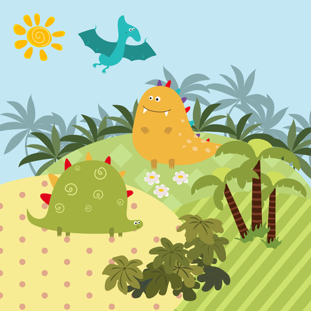 Cartoon group of dinosaur. Vector illustration with prehistoric wildlife.のイラスト素材