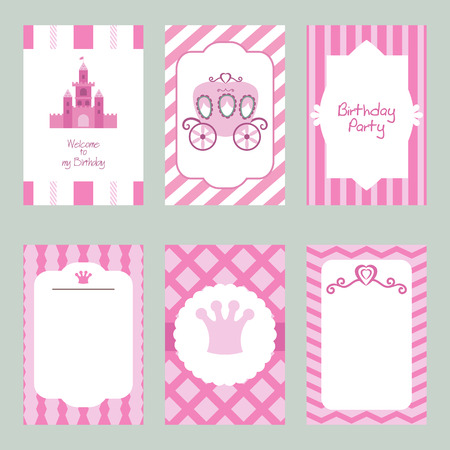 Set of beautiful birthday invitation cards decorated with fairy Items. Princess theme with castle, crown, carriageのイラスト素材
