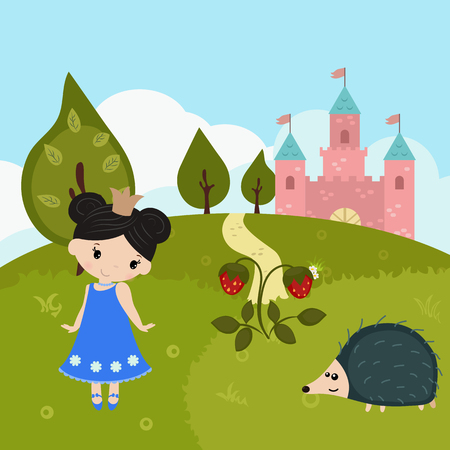 Fairytale landscape with beautiful princess. Vector illustration.のイラスト素材